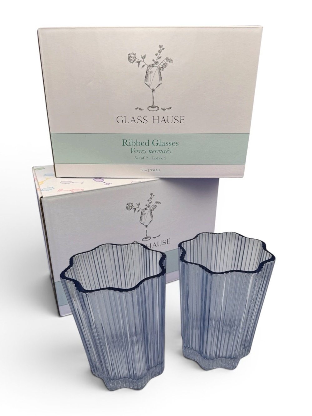 Glass Hause Ribbed Blue Glass Tumblers Set of 2 Scalloped Rim 12 oz Boxed